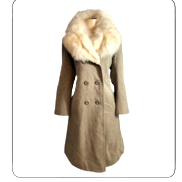 VINTAGE WOOL & FUR TRIM TAN AND CREAM COAT - Picture 2 of 7